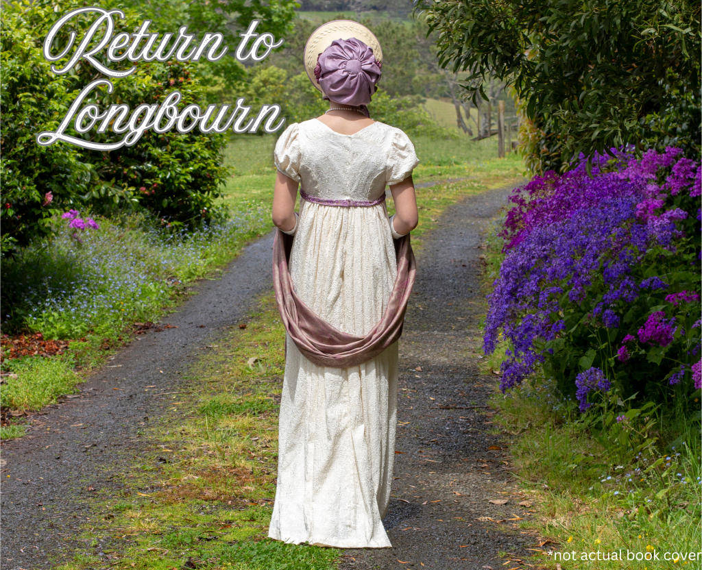 A woman in Regency dress on a country lane